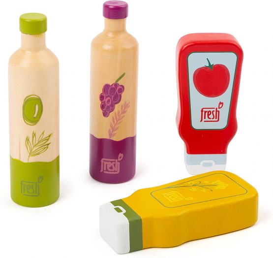 Small Foot 11445 Sauces and Oils Set Fresh,Made of Wood,Role Toy,Accessory for Children's Stores and Play Kitchens,4 Pieces, Multicolored