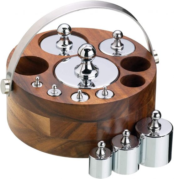 KitchenCraft Living Nostalgia Kitchen Scale Weights Set (Metric) with Wooden Holder in Gift Box, Polished Metal, 10 Pieces