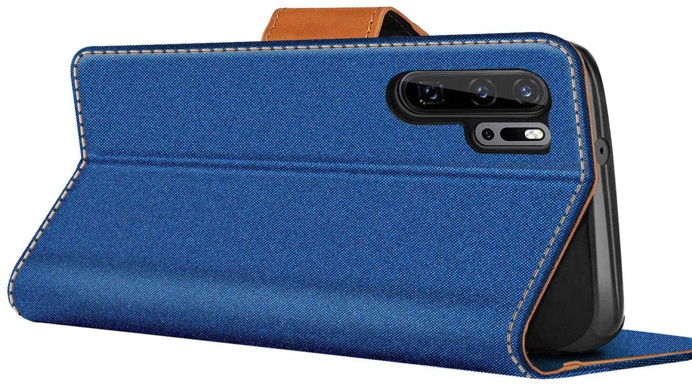 Verco Phone Wallet Case compatible with the Huawei P30, Canvas Faux Leather Book Cover for the P30 Flip Case Bag Hinged - Blue - Image 4