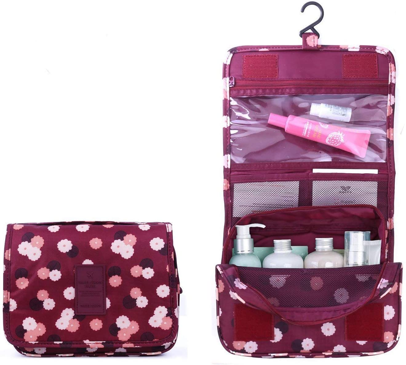 BryTravel Travel Toiletry Bags, Hanging Makeup Bags Portable, Red Wine Flower, ordinaire, Handbag Organizer
