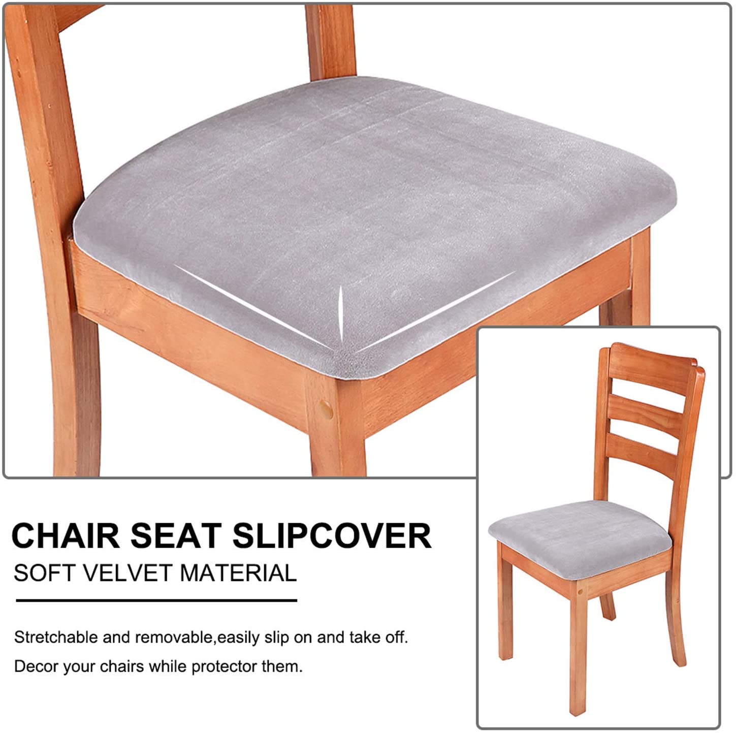 smiry Stretch Chair Seat Covers for Dining Room Velvet Dining Chair Seat Protectors Chair Slipcovers, Set of 4, Light Grey - Image 4