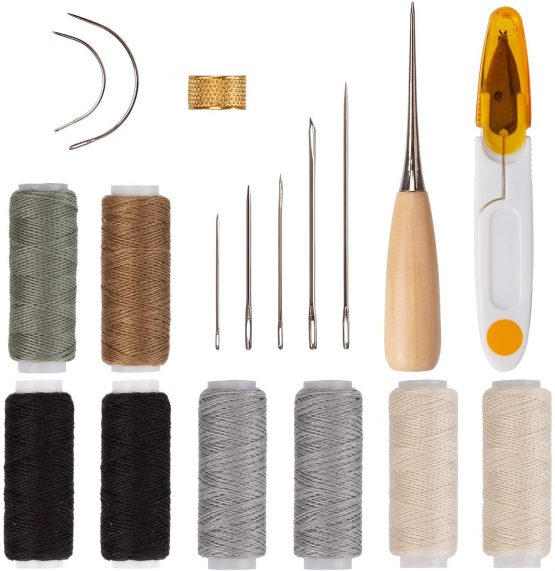 AIEX 18Pcs Upholstery Repair Kit Leather Hand Sewing Craft Tools with Needles, Thread, Drilling Awls for Leather Canvas Sewing