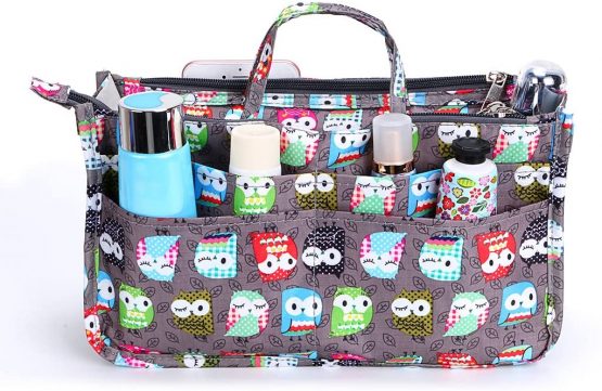 IGNPION Printed Insert Handbag Purse Organiser 13 Pockets Expandable Liner Bag Pouch Zipper Closure Tote Organiser Diaper Bag Insert with Handle (29x 16x 9cm)(Owl) - Image 4