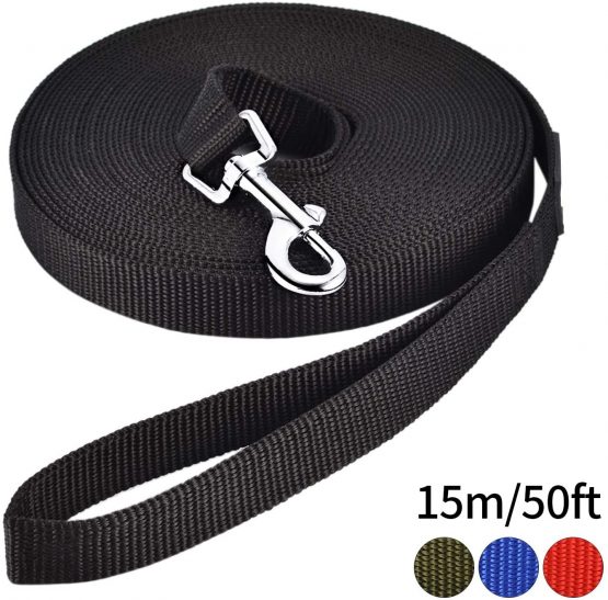 HAPPY HACHI Dog Training Lead Leash, Long Dog Line Nylon Cotton Webbing Recall Rope Leash for Pet Tracking Training Recall Obedience (15m/50ft,Black)