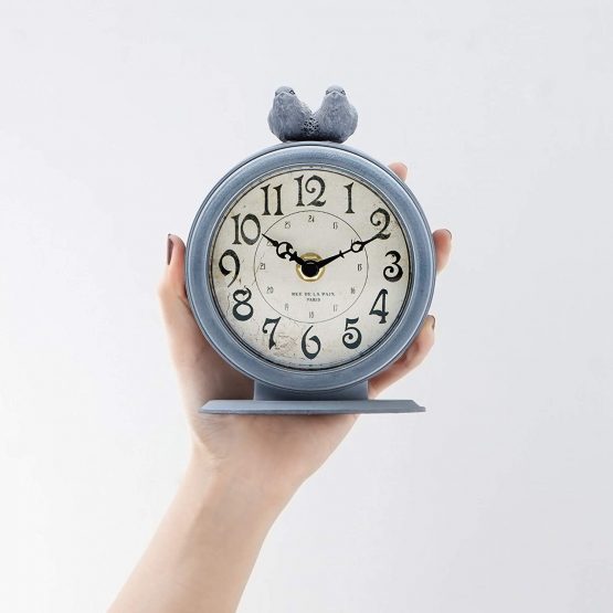 NIKKY HOME Shabby Chic Pewter Round Quartz Table Clock with 2 Birds 12 x 6 x 15.5 cm, Light Slate Grey - Image 4