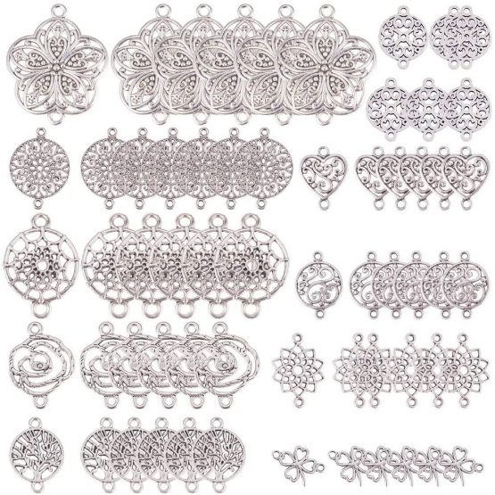 SUNNYCLUE 1 Box 60pcs 10 Styles Flower of Life Connectors Charms Heart Hollow Pendants for Jewellery Necklace Bracelet Making Craft Supplies Jewelry Findings Accessory, Antique Silver