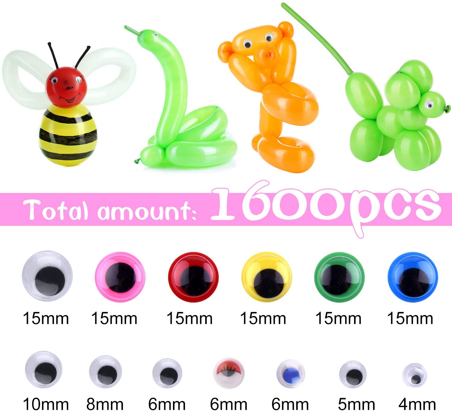 FEPITO 1600Pcs Wobbly Wiggle Googly Eyes Self Adhesive for Dolls DIY Toys Craft Scrapbooking Decorations Assorted Size - Image 3
