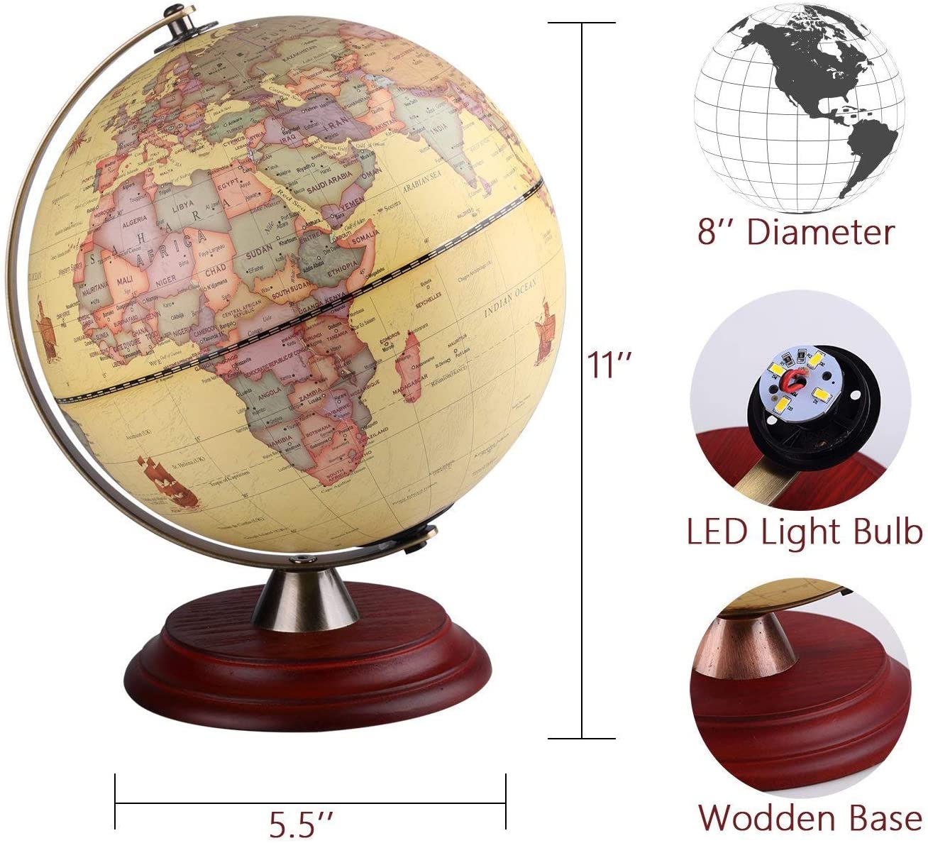 TTKTK Illuminated World Globe for Kids with Wooden Stand,Built in LED for Illuminated Night View Antique Globe lamp for Kids Home Décor and Office Desktop - Image 4