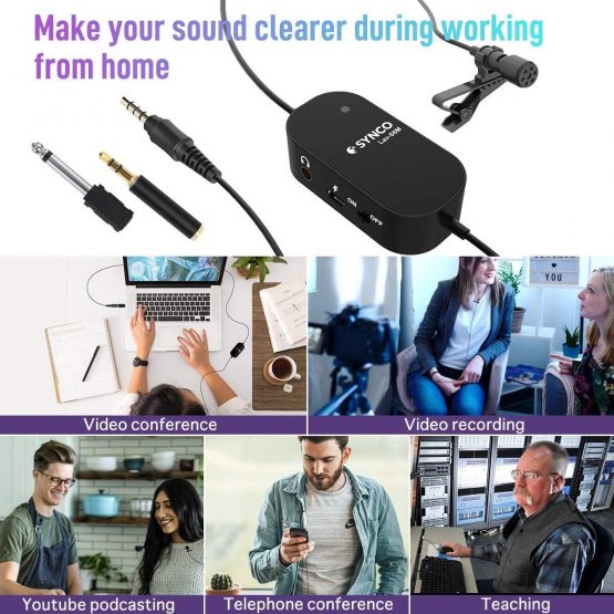SYNCO Lav-S6M Lavalier, Clip-on Lapel Microphone with 3.5mm Audio Monitoring, 6M Cable Omnidirectional Condenser Mic Support USB Charging Professional for Smartphone Camera Audio Recorders Laptop PC - Image 2