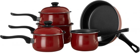 Premier Housewares Steel Pan Set Pots And Pans Sets Non Stick Kitchen Set Cooking Pans Steel Cookware Set Cookware Red 5 Piece