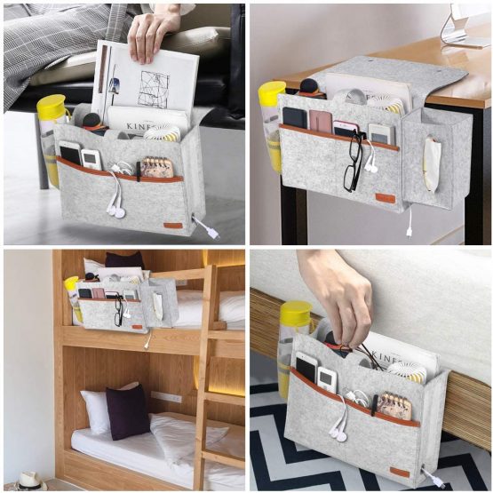 Simboom Bedside Pocket Felt Hanging Storage Bag with Tissue Box and Water Bottle Holder, Dorm Bedroom Bed Sofa Organizer for Phone, Tablet, Remote, Magazines - Light Grey - Image 2