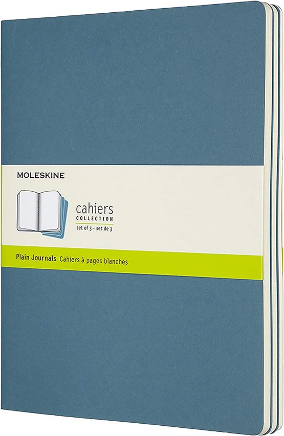 Moleskine Cahier Journal, Set 3 Notebooks with Plain Pages, Cardboard Cover with Visible Cotton Stiching, Colour Brisk Blue, Extra Large 19 x 25 cm, 120 Pages