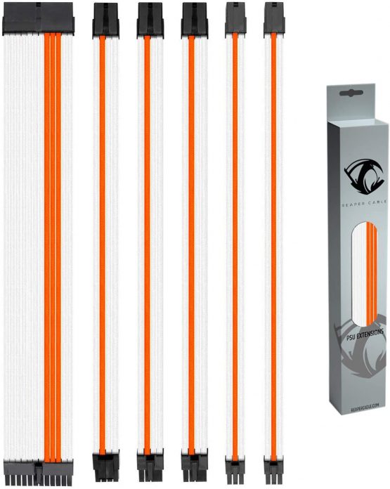Reaper Cable Sleeved PSU Extension Set - Power Supply Extensions - 1x 24 Pin/ 2x 8 Pin/ 2x 6 Pin/ 1x 4+4 Pin - With Combs - 30cm (White & Orange)