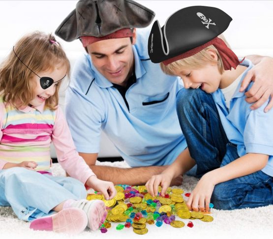 FORMIZON 100 Pcs Pirate Gold Coins and 100g Pirate Gems Jewelry Playset, Pirate Treasure Box Add Fun to the Pirate Theme for Kids, Earrings Rings Lock and Key (Pirate Gold Coins Treasure Chest) - Image 3