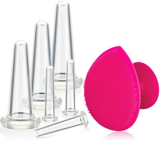 Cupping Facial Set for Face and Eye Cupping Massage, Facial Cupping Set Silicone Cups with Exfoliating Brush for Face Neck Skin (Small Medium, White)