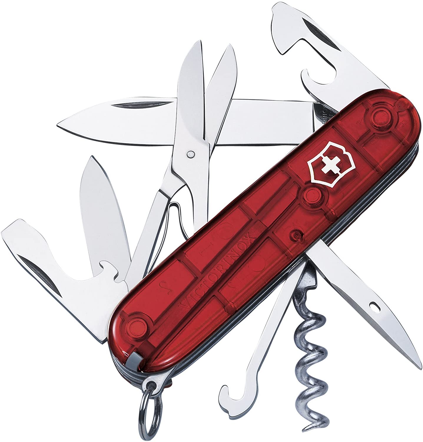 Victorinox Climber Swiss Army Pocket Knife, Medium, Multi Tool, 14 Functions, Blade, Bottle Opener, Red Transparent