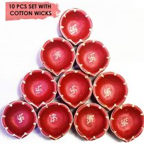 Craftsman 10 Pc Set of Clay Diya with Cotton Wicks Batti Traditional Terracotta Natural Earthen Oil Lamp Deepak Welcome Dia Diwali Deepawali Decoration Kutthu Vilakku Deep Indian Gift Items