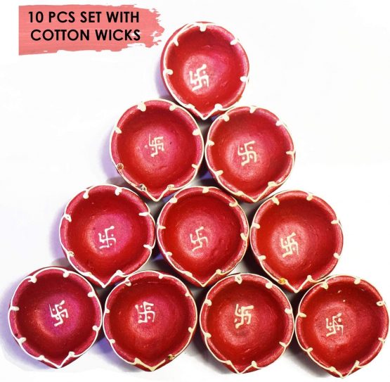 Craftsman 10 Pc Set of Clay Diya with Cotton Wicks Batti Traditional Terracotta Natural Earthen Oil Lamp Deepak Welcome Dia Diwali Deepawali Decoration Kutthu Vilakku Deep Indian Gift Items