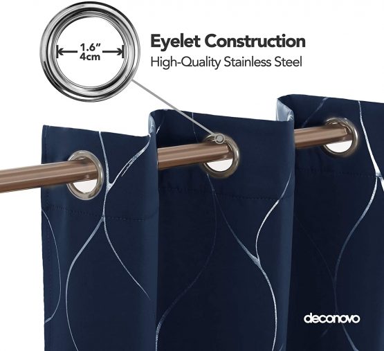 Deconovo Eyelet Curtains, Blackout Curtains, Home Decoration Thermal Insulated Wave Foil Printed Material Curtains for Bedroom Windows, Inch(Width x Length), Navy Blue, one pair - Image 4
