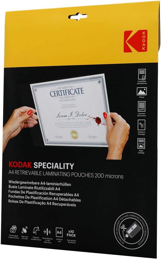 KODAK | Size A4 Retrievable Laminating Pouches | Pack of 10 | 200 Micron Thickness | KODAK Brand Quality, KD-LMA4RET-PK10F