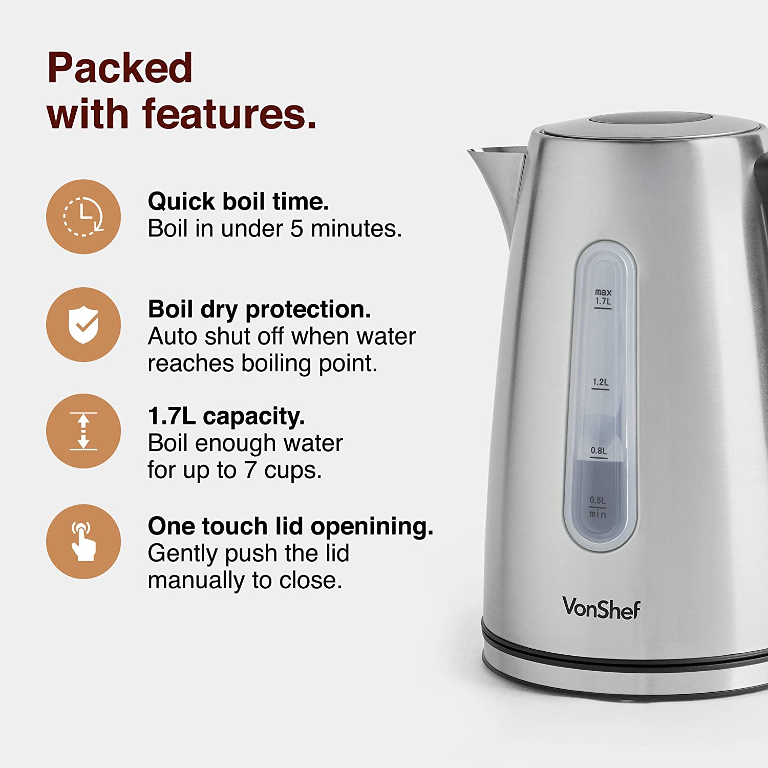 VonShef Electric Stainless Steel Kettle Large 3000W, 1.7L Capacity
