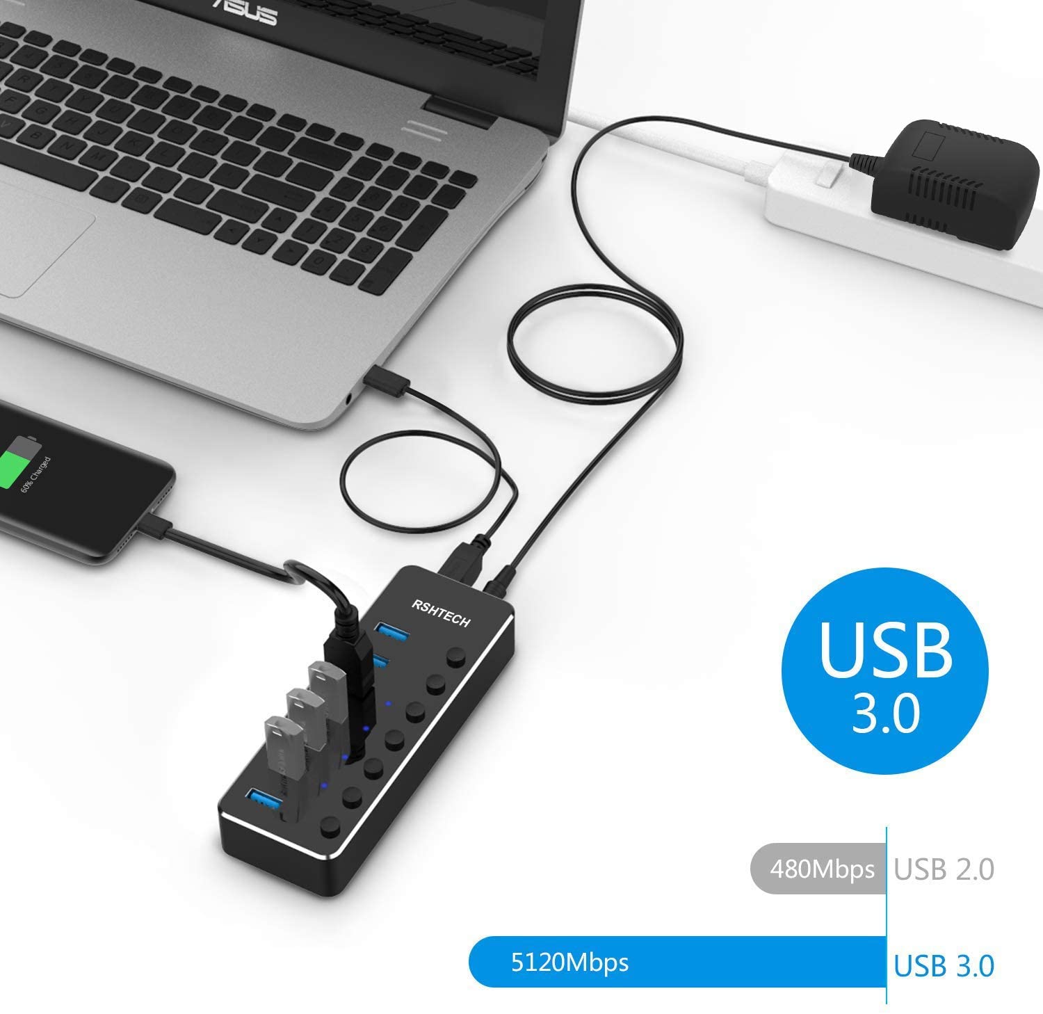 USB 3.0 Hub Powered RSHTECH USB C to 7-Port USB 3.0 HUB with Individual ...