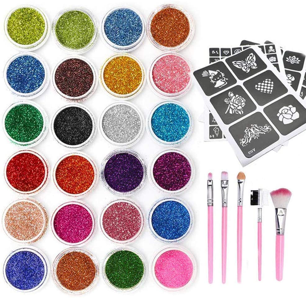 Glitter Tattoos Kit, 24 Colors Glitter Temporary Tattoos/Body Glitter ...