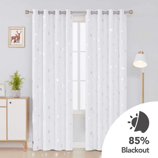 Deconovo Stars Foil Printed Thermal Insulated Curtains Eyelet Blackout Curtains for Girls Bedroom 46 x 90 Inch Greyish White 1 Pair - Image 2