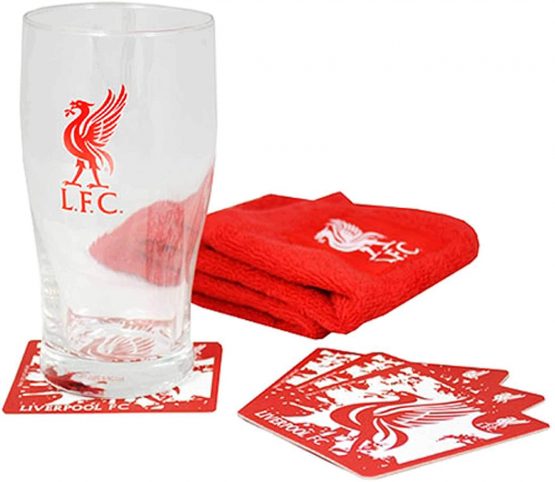L.F.C Official Liverpool Football Crest Pint Glass Mini Bar Set (Pint Glass, Coasters & Bar Towel)