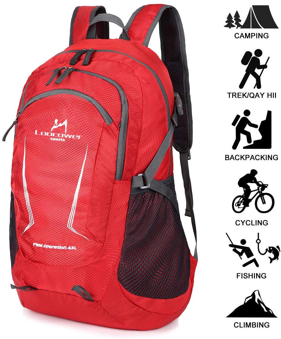 Loocower 45L Ultra Lightweight Foldable Backpack Hiking Daypack Walking Rucksack Water Resistant Packable Camping Mountaineer Outdoor Sport Knapsack for Men Women-Red