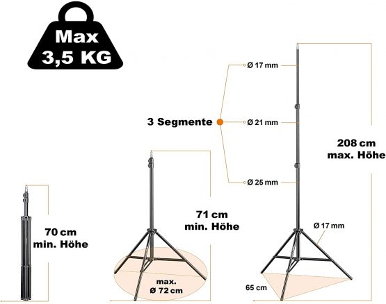 Walimex pro WT-803 Lamp Tripod 208 cm - height max. 208 cm, 3,5 kg load capacity, Aluminium Light Tripod Lamp Tripod for photography Studio Mobil Video Flash Softbox Ring Light, with bag - Image 2