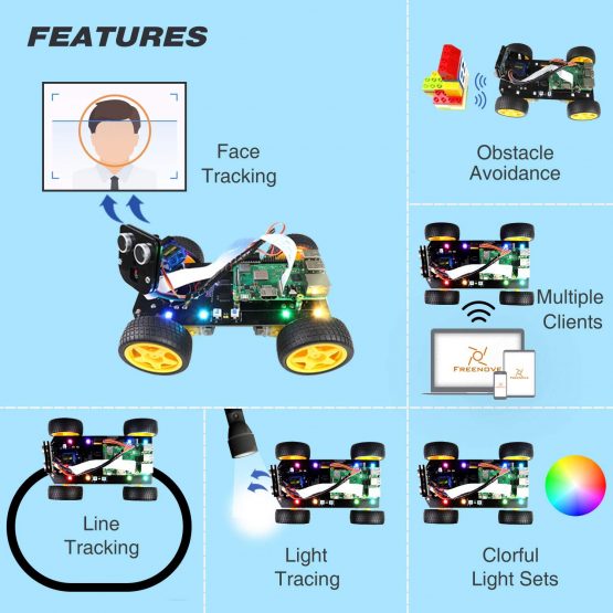 Freenove 4WD Smart Car Kit for Raspberry Pi 4 B 3 B+ B A+, Face Tracking, Line Tracking, Light Tracing, Obstacle Avoidance, Colorful Light, Ultrasonic Camera Servo Wireless RC - Image 3