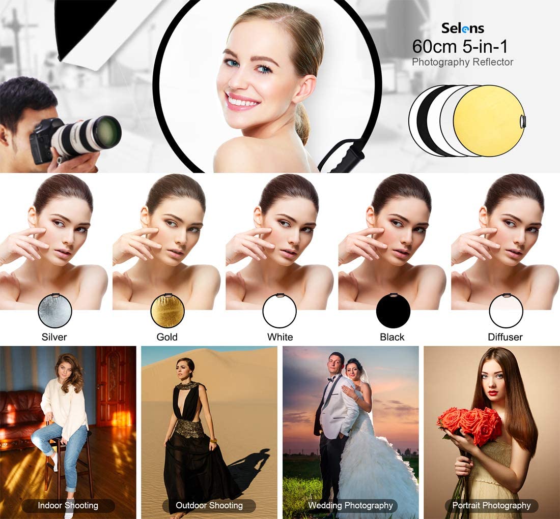 Selens 5 in 1 60cm Light Reflector Photography Diffuser Collapsible Portable Round Lighting Gold/Silver/White/Black/Translucent with Handle for Photo Studio Product Portrait & Outdoor Shooting - Image 3