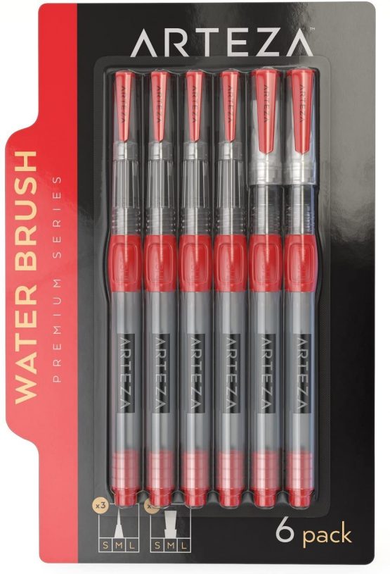 Arteza Watercolour Brush Pens Set of 6 with Assorted Soft Nylon Bristle Tip Sizes, Self-Moistening Water Brush Pen Set for Aquarelle, Ink, and Watercolour Painting