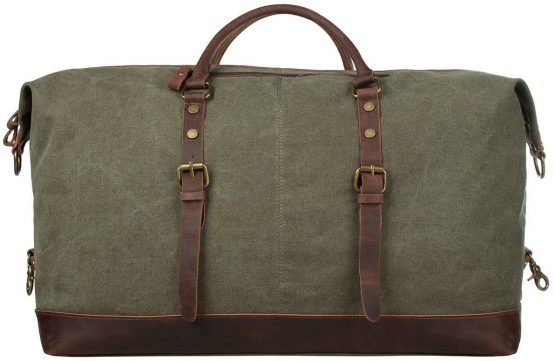 S-ZONE 52L Large Canvas Genuine Leather Trim Travel Tote Duffel Shoulder Weekend Bag Unisex Weekender Overnight Carryon Handbag Shoulder Bag - Image 3