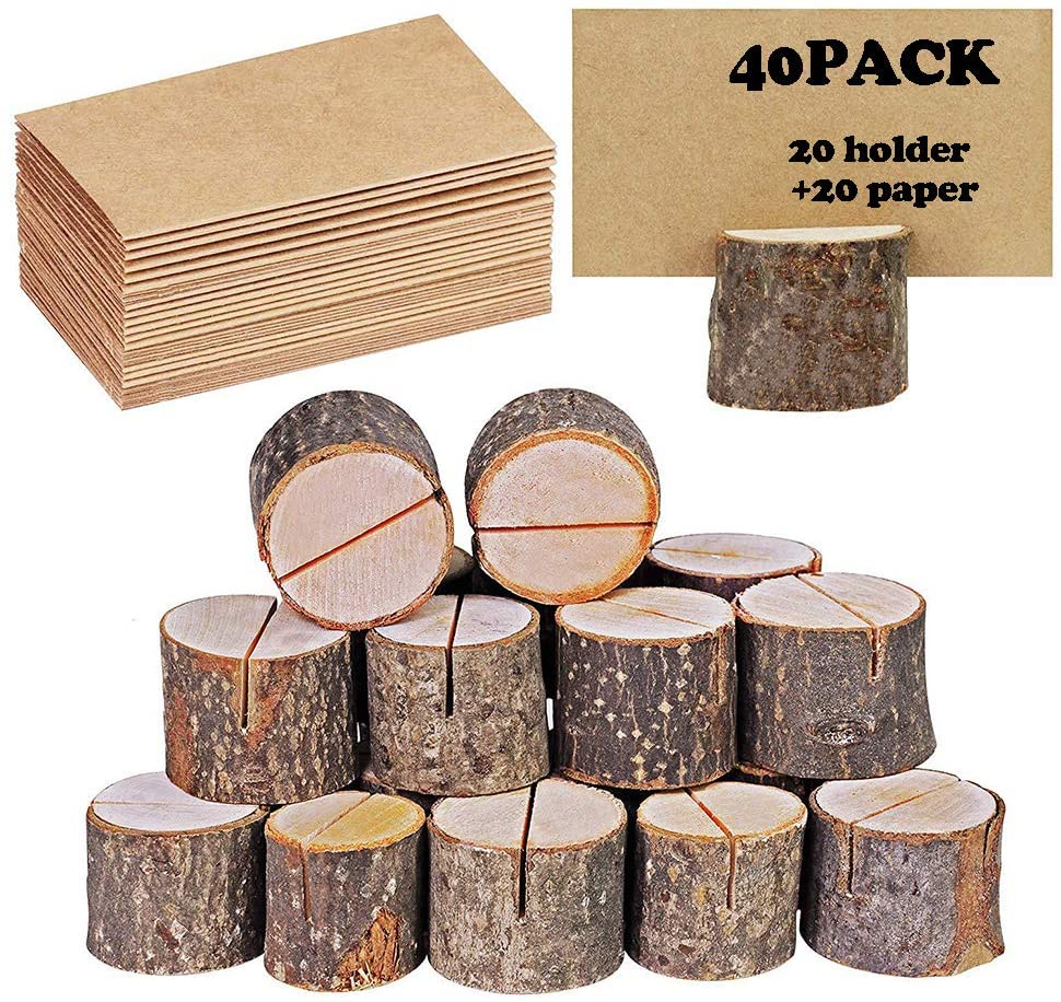 Place Card Holders, Rustic Real Wood with Wooden Bark Table Card Holder