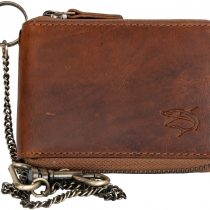 Genuine leather pocket sized zip-around wallet with a shark with metal chain
