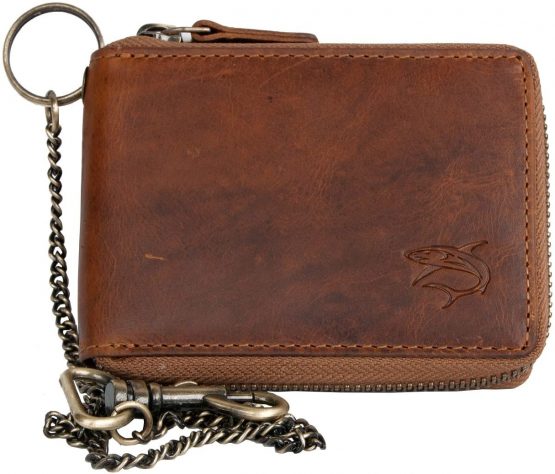 Genuine leather pocket sized zip-around wallet with a shark with metal chain