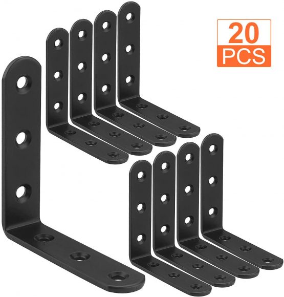 STARVAST Black Shelf Bracket, 20 Pcs Wall Shelf Bracket L Shape Right Angle Corner Bracket 80mm x 80mm x 3mm Metal Wall Support Corner Brace