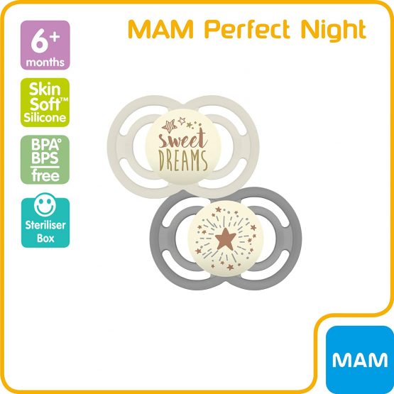 MAM Perfect Soothers 6+ Months (Pack of 2), Thinner and Softer Baby Soothers with Self Sterilising Travel Case, Newborn Essentials, White/Grey (Designs May Vary) - Image 2