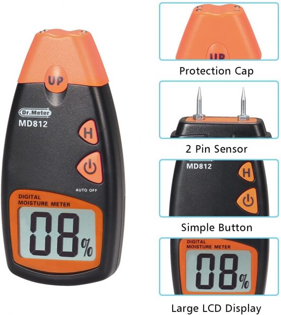 Wood Moisture Meter,Drr damp meter，2 pins Portable Wood Water Moisture Tester, HD Digital LCD Display with 2 Spare Sensor Pins and one 9V Battery(Both Included) Range 5% - 40%,Accuracy: +/-1% - Image 3