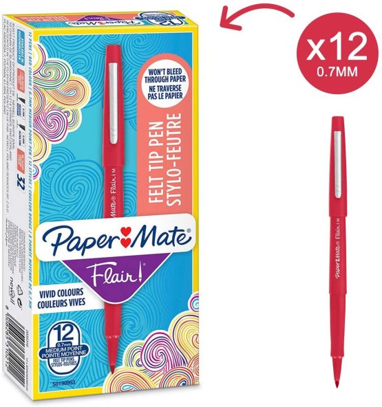 Paper Mate Flair Felt Tip Pens | Medium Point (0.7mm) | Red | 12 Count