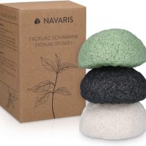 Navaris Set of Konjac Sponges - 3x Natural Exfoliating and Cleansing Sponge Shower Puffs for Face and Body including Bamboo Charcoal and Green Tea