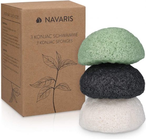 Navaris Set of Konjac Sponges - 3x Natural Exfoliating and Cleansing Sponge Shower Puffs for Face and Body including Bamboo Charcoal and Green Tea