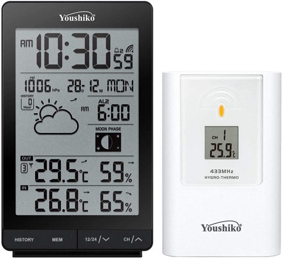 Youshiko Wireless Weather Station, (Official UK Version/Premium Quality/Clear Display) with Radio Controlled Clock Indoor Outdoor Temperature Thermometer, Humidity Barometric pressure (Tall)