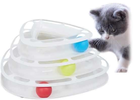Relaxdays Cat Roller Toy, Interactive Kitten Teaser with 3 Balls, 3-Level Tower Track, Entertainment & Exercise, White, 10027929_49