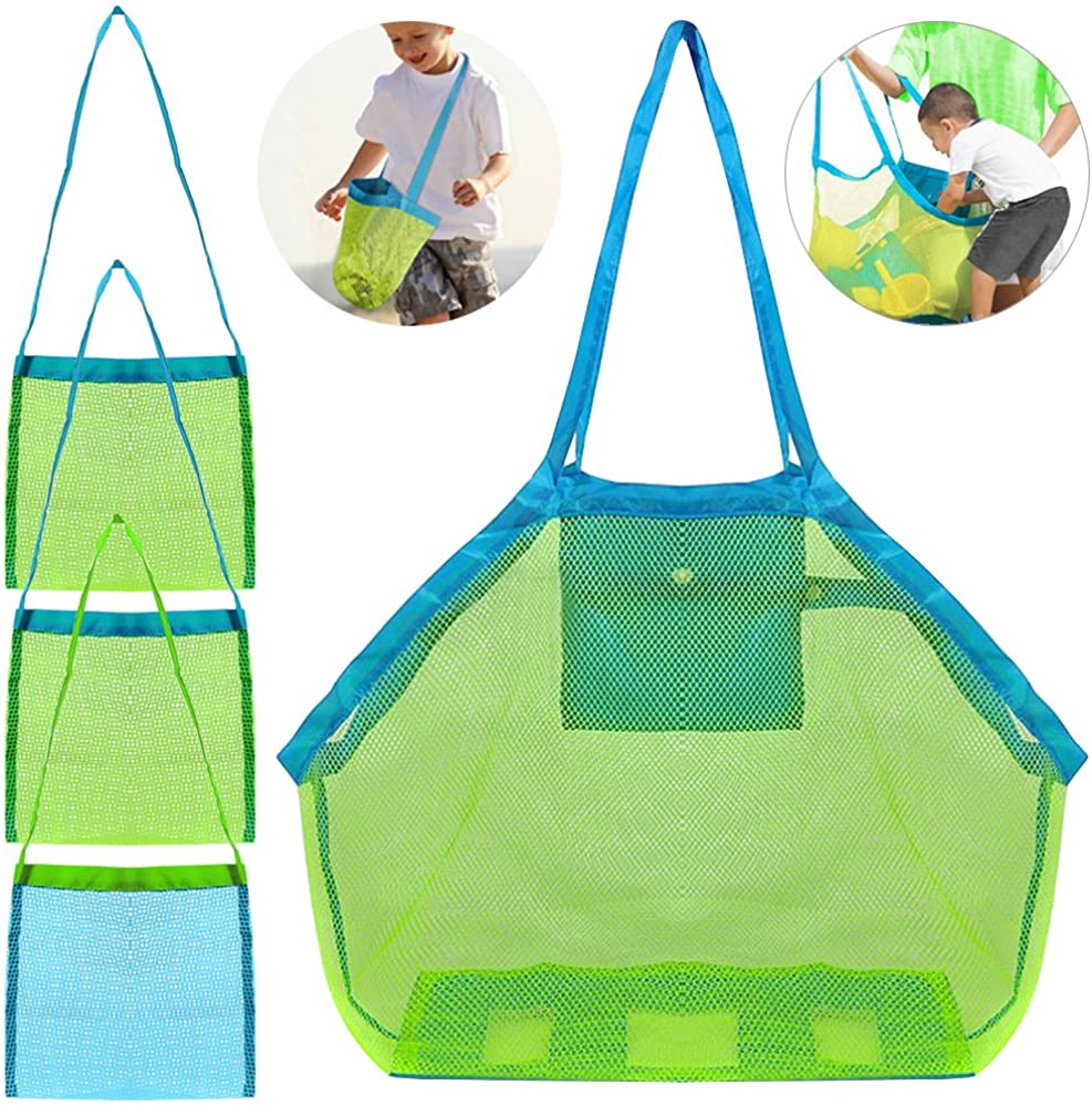 4 Pack Beach Mesh Tote Bag, FineGood Sand Toys Shell Reusable Foldable ...