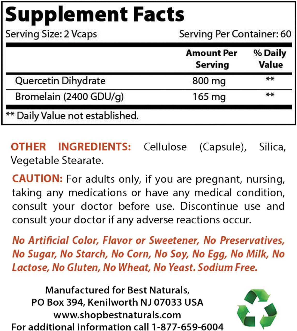 Best Naturals Quercetin with Bromelain Veggie Capsule, 800mg of Quercetin & 165 mg of Bromelain (2400 GDU/g) - Image 2