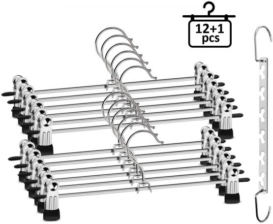 ilauke Trouser Hanger, 12 Pack Skirt Coat Hangers with Non-Slip Clip, Pants Hangers Space Saving for Trouser Skirt Pants Clothes + Metal Hanger Hook …