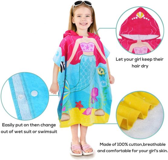 Kato Tirrinia Kids Hooded Poncho Towels, Mermaid Beach Swim Towel for 2 to 7 Years Girls, 100% Cotton Water Absorption Sand Proof Poncho Changing Robe - Image 2